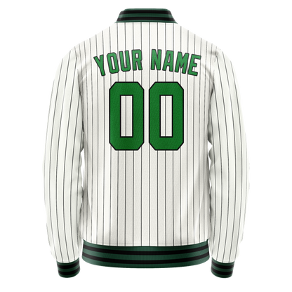 Custom White Neon-Green Black Pinstripe Varsity Letterman Jacket