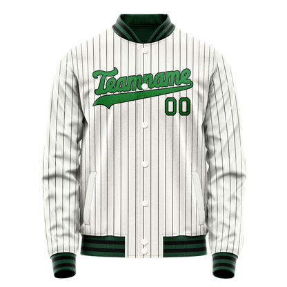 Custom White Neon-Green Black Pinstripe Varsity Letterman Jacket