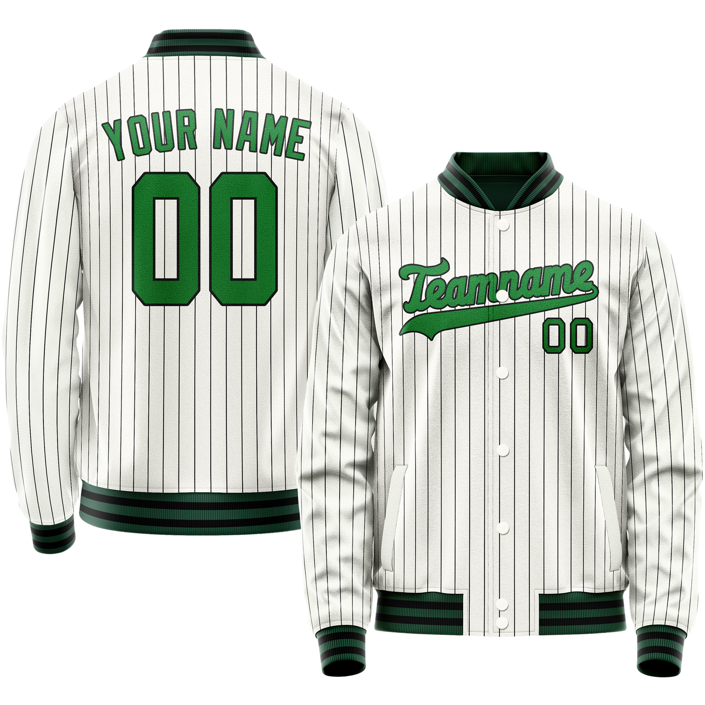 Custom White Neon-Green Black Pinstripe Varsity Letterman Jacket