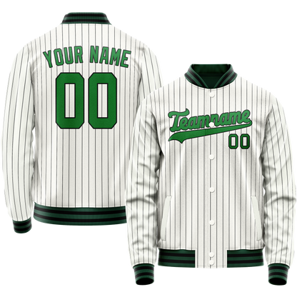 Custom White Neon-Green Black Pinstripe Varsity Letterman Jacket