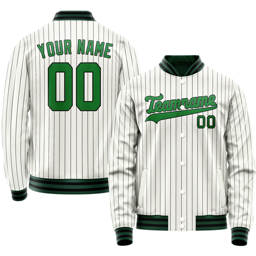 Custom White Neon-Green Black Pinstripe Varsity Letterman Jacket