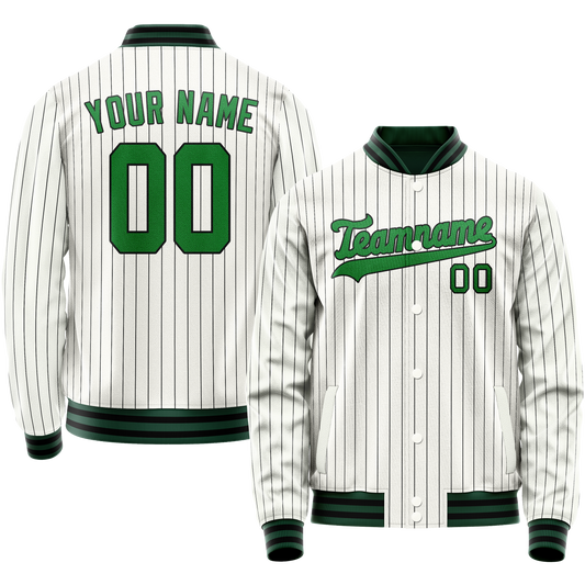 Custom White Neon-Green Black Pinstripe Varsity Letterman Jacket