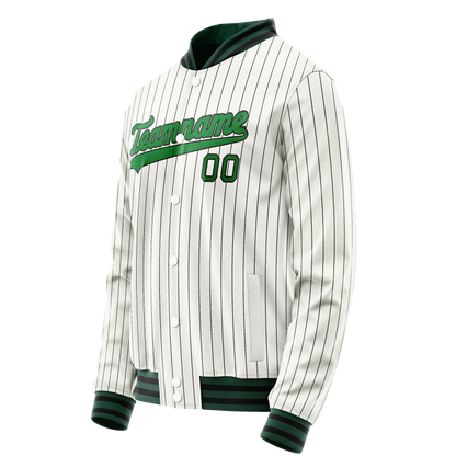 Custom White Neon-Green Black Pinstripe Varsity Letterman Jacket