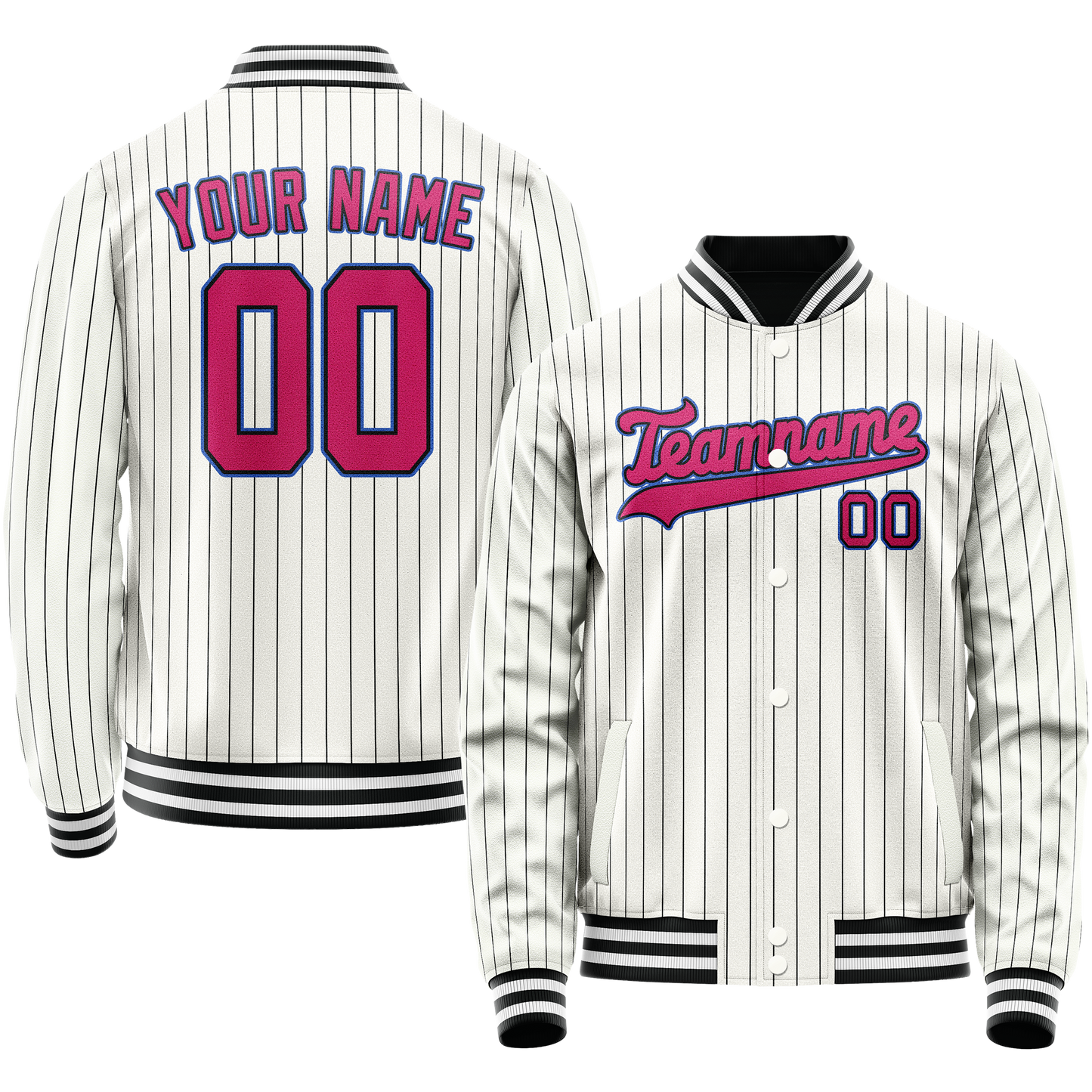 Custom White Pink Black Pinstripe Varsity Letterman Jacket