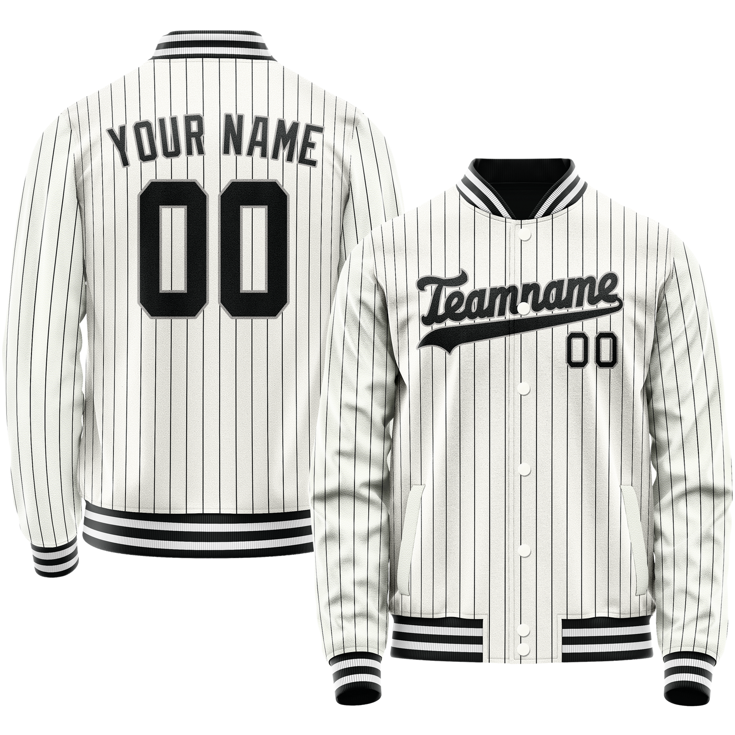 Custom White Black Black Pinstripe Varsity Letterman Jacket
