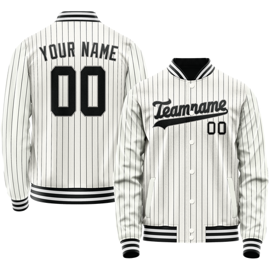 Custom White Black Black Pinstripe Varsity Letterman Jacket