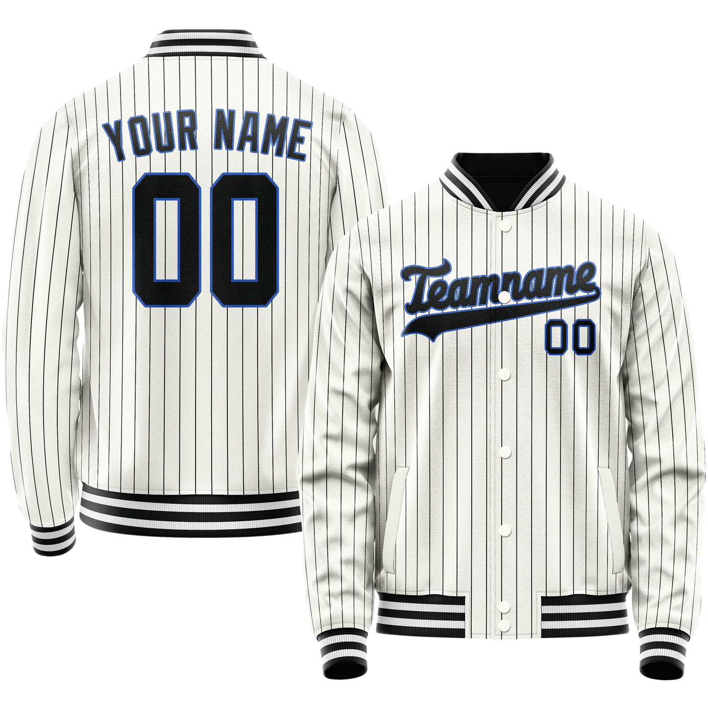 Custom White Navy Navy Pinstripe Varsity Letterman Jacket