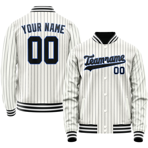 Custom White Navy Navy Pinstripe Varsity Letterman Jacket