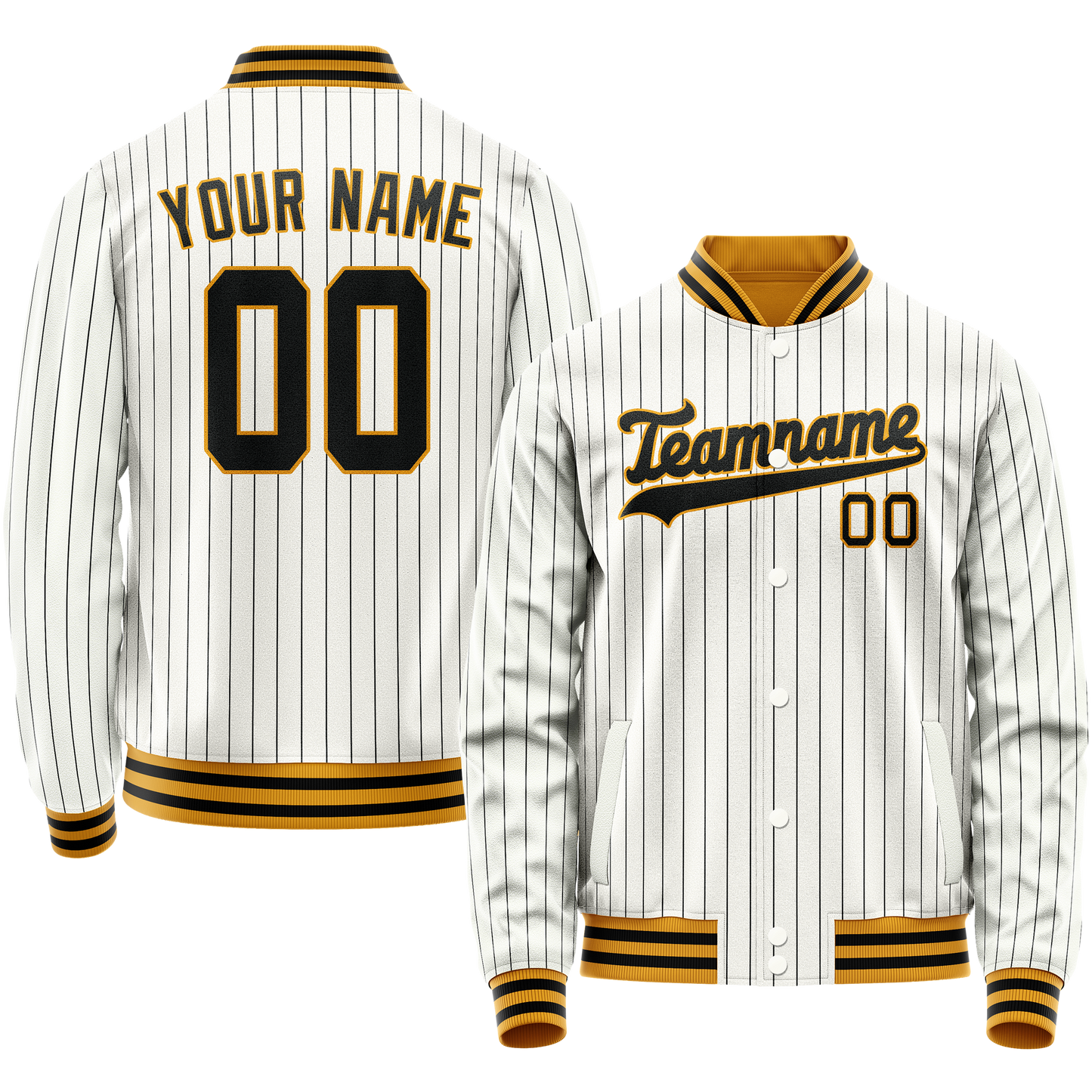 Custom White Black Black Pinstripe Varsity Letterman Jacket