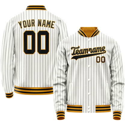 Custom White Black Black Pinstripe Varsity Letterman Jacket