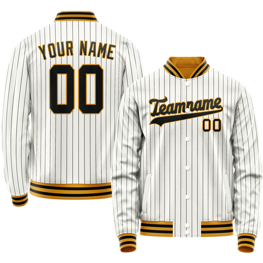 Custom White Black Black Pinstripe Varsity Letterman Jacket