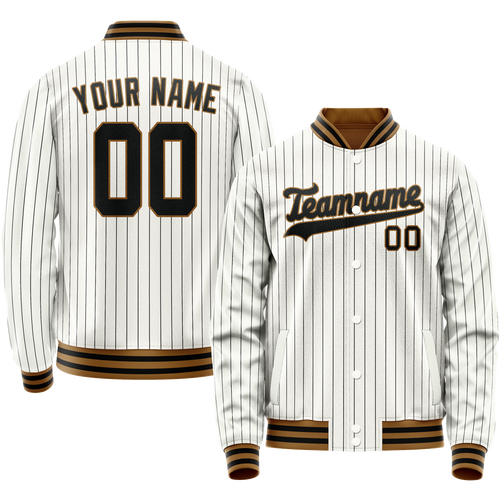 Custom White Black Black Pinstripe Varsity Letterman Jacket