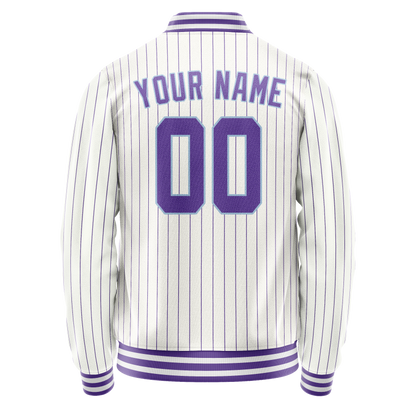 Custom White Purple Purple Pinstripe Varsity Letterman Jacket