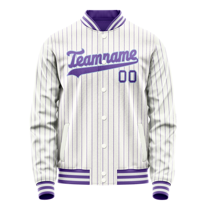 Custom White Purple Purple Pinstripe Varsity Letterman Jacket