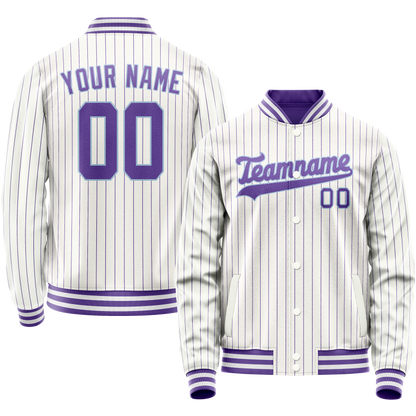Custom White Purple Purple Pinstripe Varsity Letterman Jacket