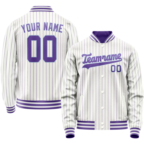 Custom White Purple Purple Pinstripe Varsity Letterman Jacket