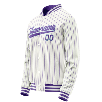 Custom White Purple Purple Pinstripe Varsity Letterman Jacket