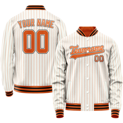 Custom White Orange Orange Pinstripe Varsity Letterman Jacket