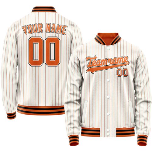 Custom White Orange Orange Pinstripe Varsity Letterman Jacket