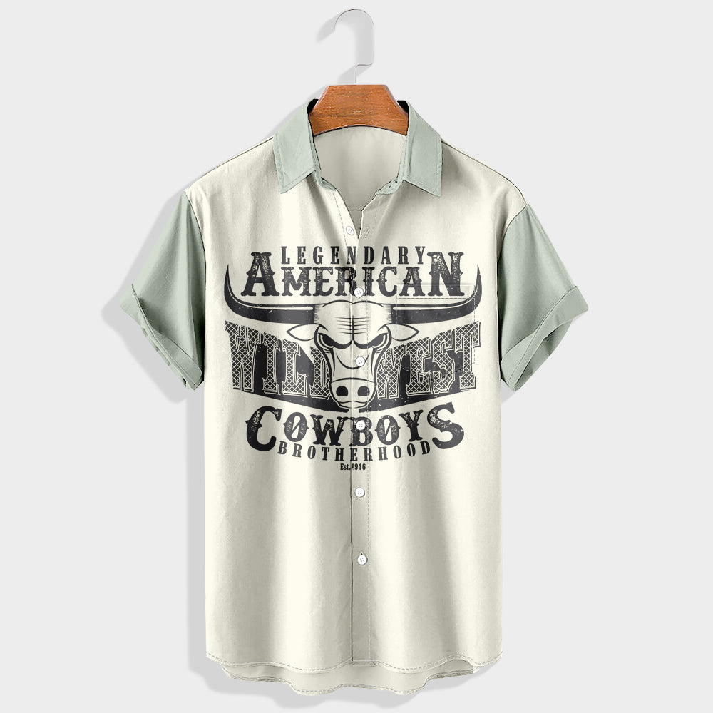 Legendary American Wild West Cowboys Brotherhood Est. 1916 Printed Short Sleeve Shirt & Shorts Set