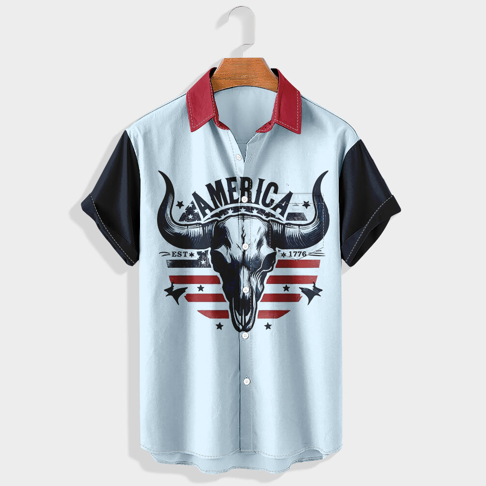 Patriotic Longhorn Skull Printed Short Sleeve Shirt & Shorts Set