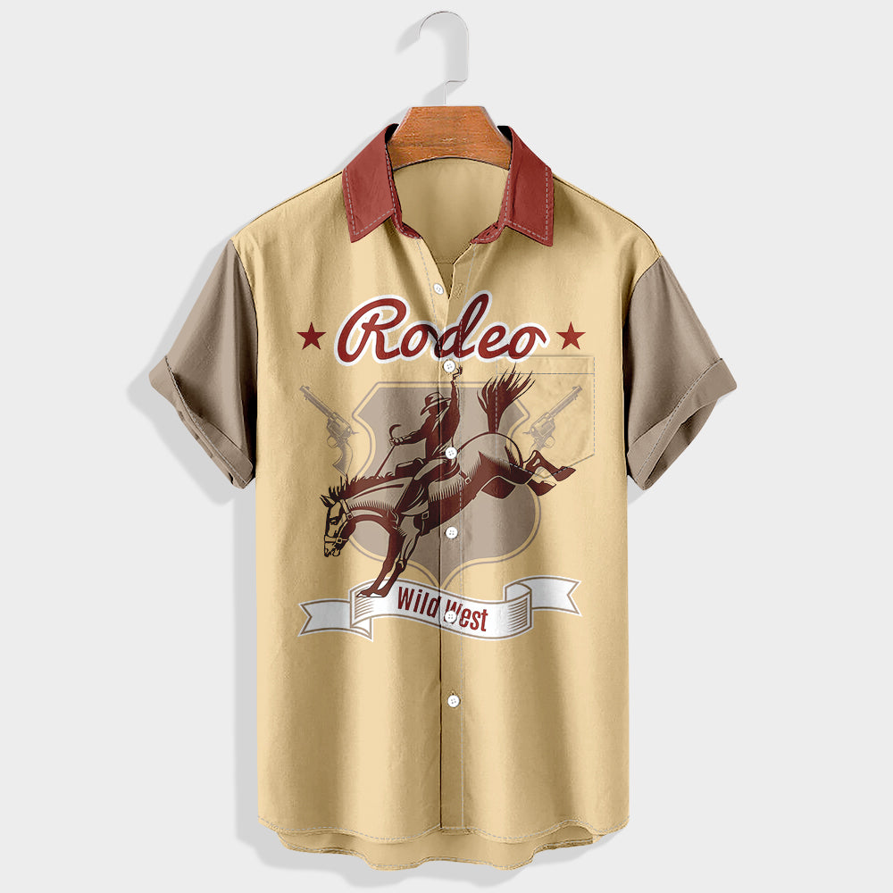 Rodeo Wild West Vintage Cowboy  Printed Short Sleeve Shirt & Shorts Set