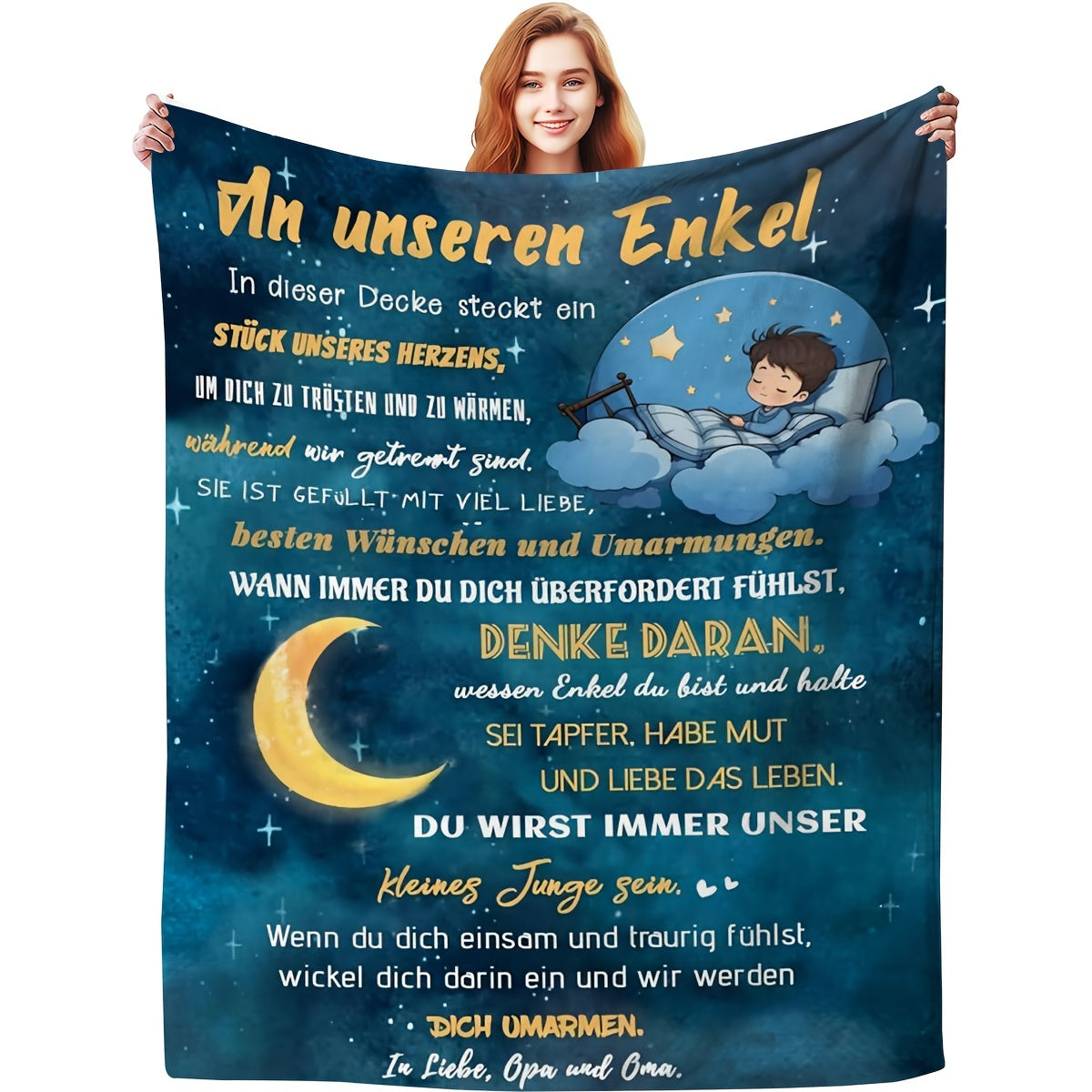 Blanket for Grandson Gifts, “Du wirst immer unser kleiner Junge sein”, From Oma Opa, Birthday Christmas Encouragement, Inspirational
