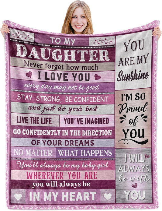 Blanket for Daughter Gifts, “Never forget how much I love you, you are my sunshine”, From Mom Dad, Birthday, Christmas, Motivational