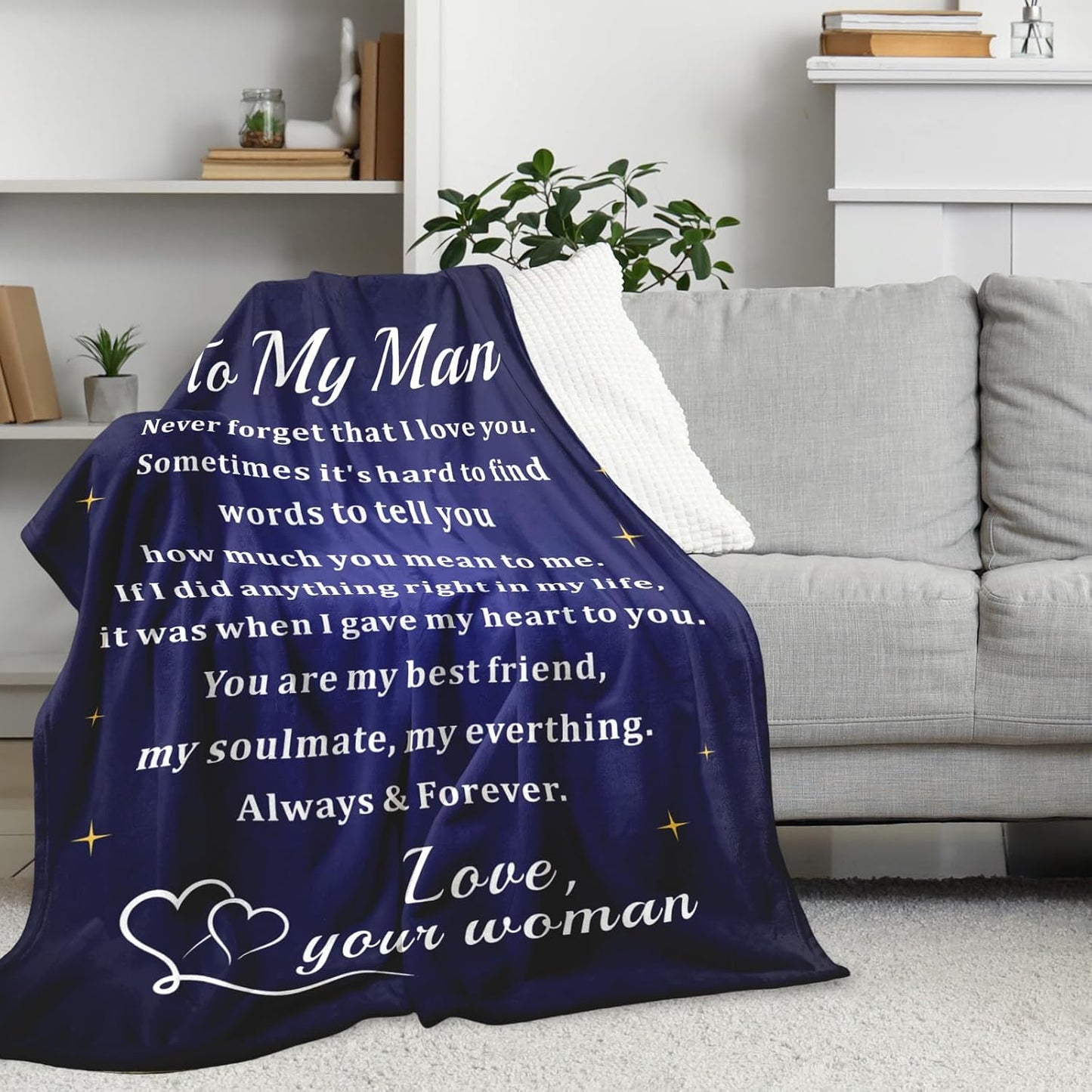 Blanket for Husband Gifts, “To My Man Never forget that I love you”, From Wife, Birthday Christmas Anniversary, Inspirational