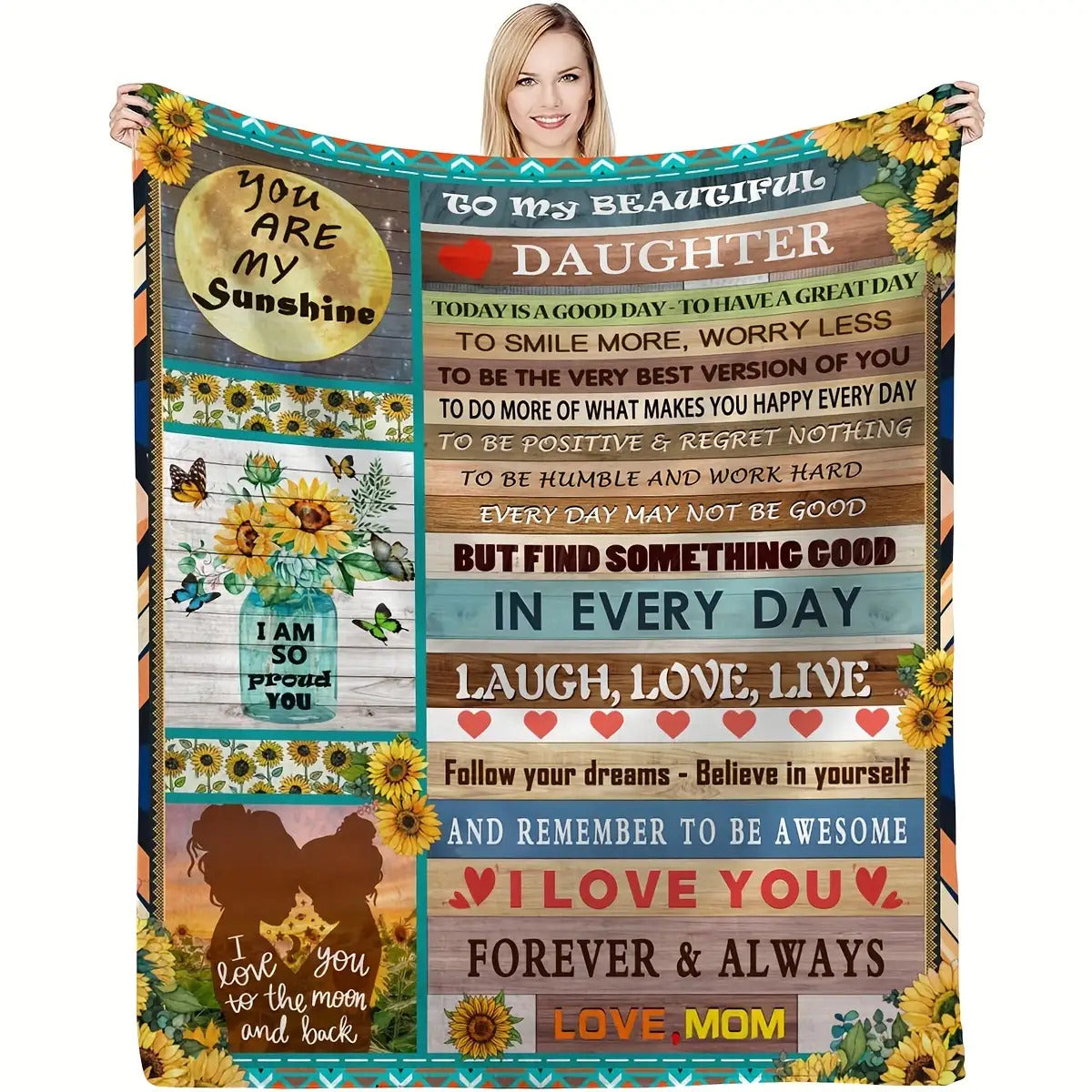 Blanket for Daughter Gifts - You Are My Sunshine, I Am So Proud You, I Love You to the Moon and Back - From Mom, Birthday, Christmas, Everyday Encouragement, Inspirational Motivational
