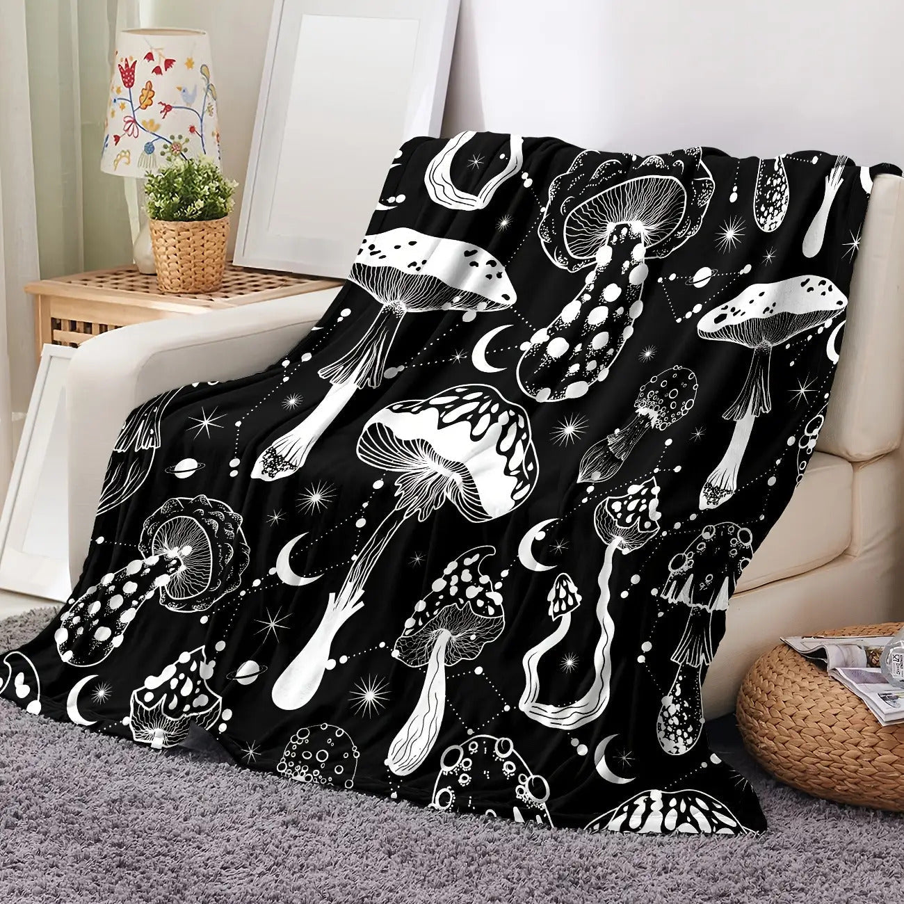 Gifts for Mushroom Lovers Blanket, "Magic Mushrooms and Moons", From Friends, Birthday, Holiday, Everyday Encouragement, Mystical Design