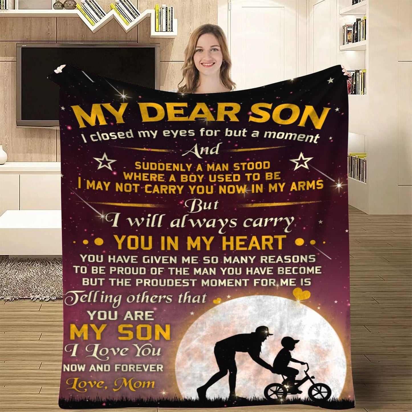 Blanket for Son Gifts, “I will always carry you in my heart”, From Mom, Birthday, Christmas, Graduation, Inspirational Theme