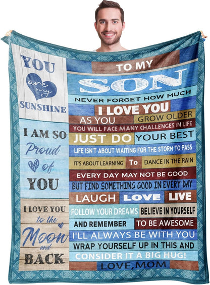 Gifts for Son Blanket, "Never Forget How Much I Love You As You Grow Older", From Mom, Birthday Christmas Graduation Holiday, Inspirational