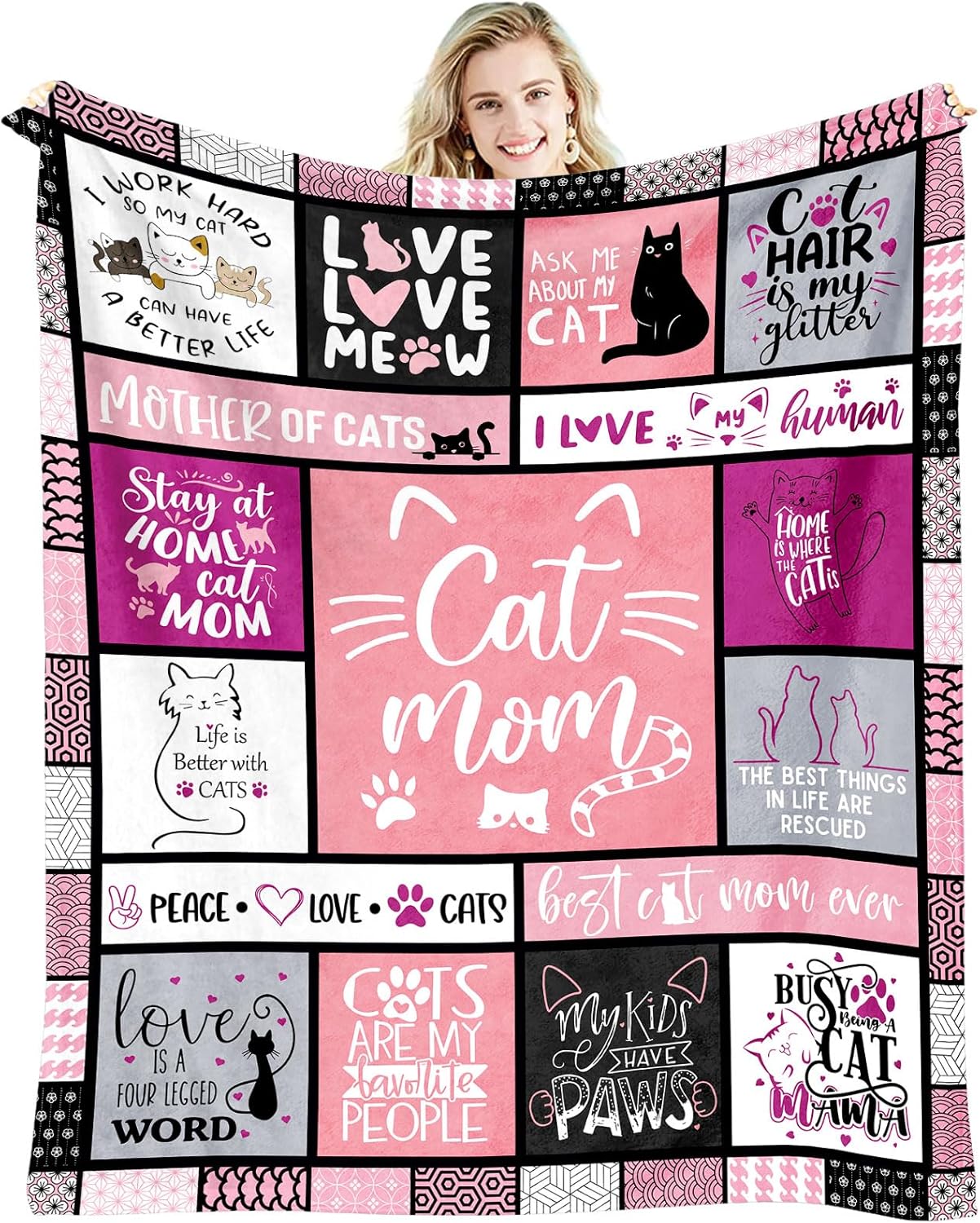 Blanket for Cat Mom Gifts, "Cat Mom", From Daughter Son, Birthday Christmas Holiday Everyday Encouragement, Inspirational